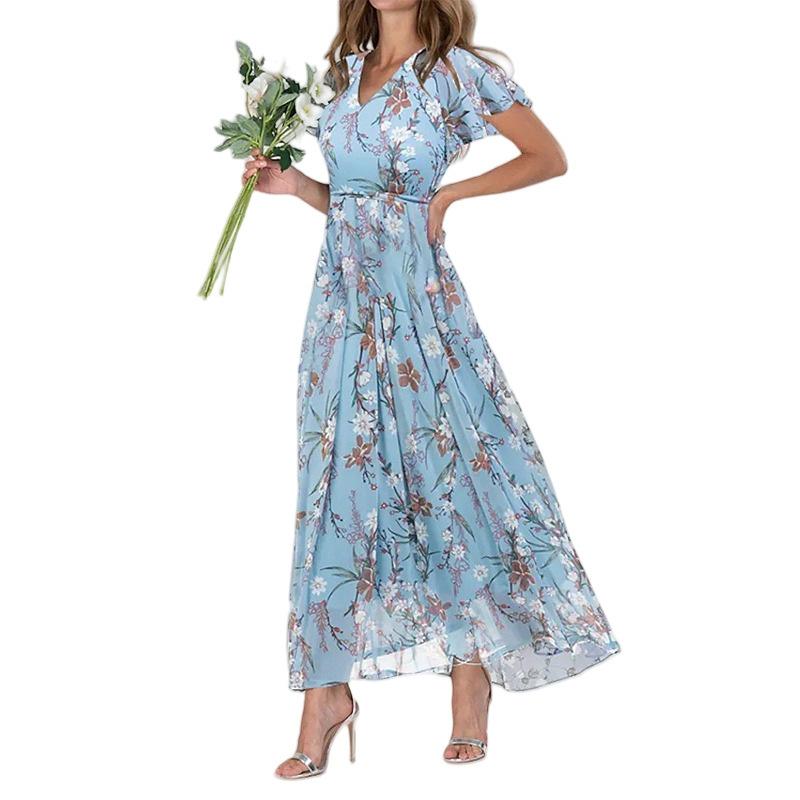 Summer long dress V-neck short-sleeved printed chiffon dress elegant temperament