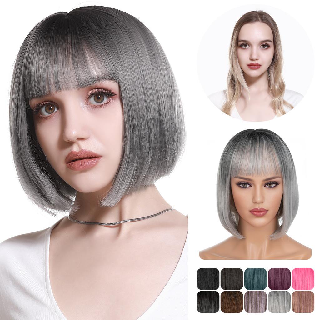 Women's Natural Looking Daily Use Short Straight Wig with See-through Bangs Ladies Front Lace Heat Resistant Fluffy Bob Wig