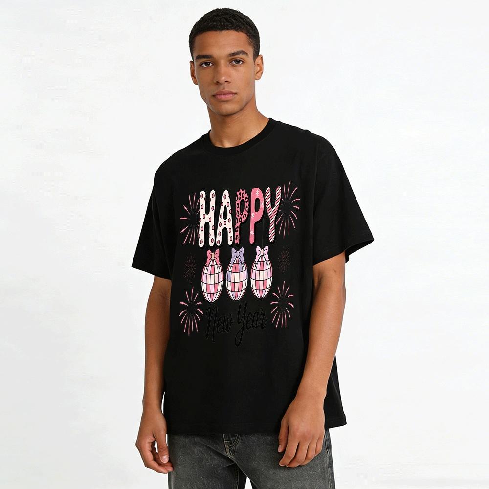 Happy New Year Plaid Bauble Print Casual Top Pure cotton T-shirt
