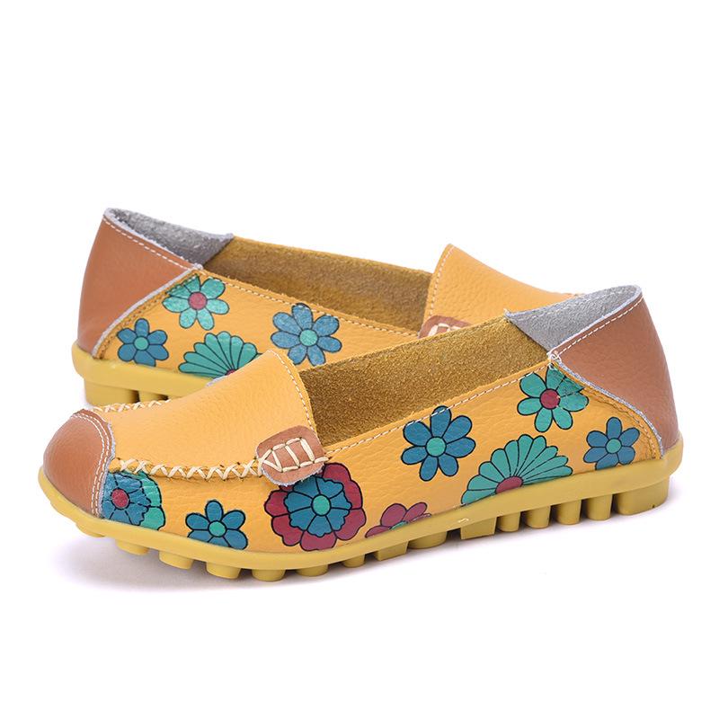 Женские кожаные лоферы с цветочным принтом и цветочным принтом балетки на плоской подошве туфли без шнуровки с круглым носком 35 жёлтый 2137₽