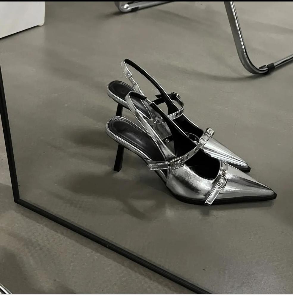 Fashion Women's Silver Buckle Slingback High Heels Pointed 2024 Summer Thin Heel Leather Shoes for Woman Elegant Party Mary Jane Pumps