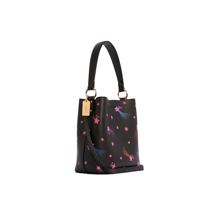 Coach Town 22 Disco Star Print Snap Pebble Leather Bucket Bag Women Bags Black C7245-IMA47