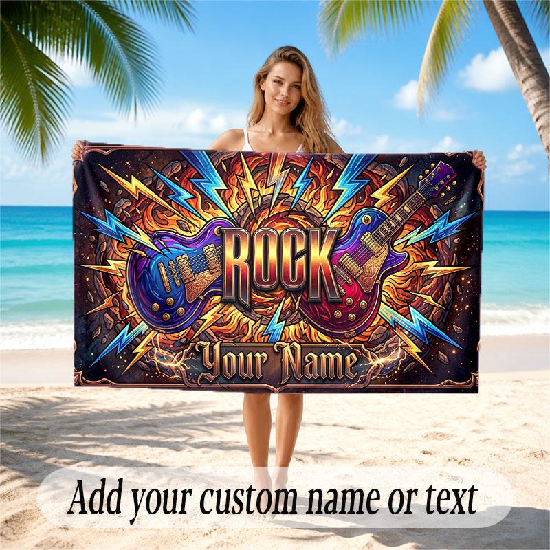 Music Guitar Theme Beach Towel Personalized Custom Name & Text Soft Quick Dry Beach Towel for Swimming Travel