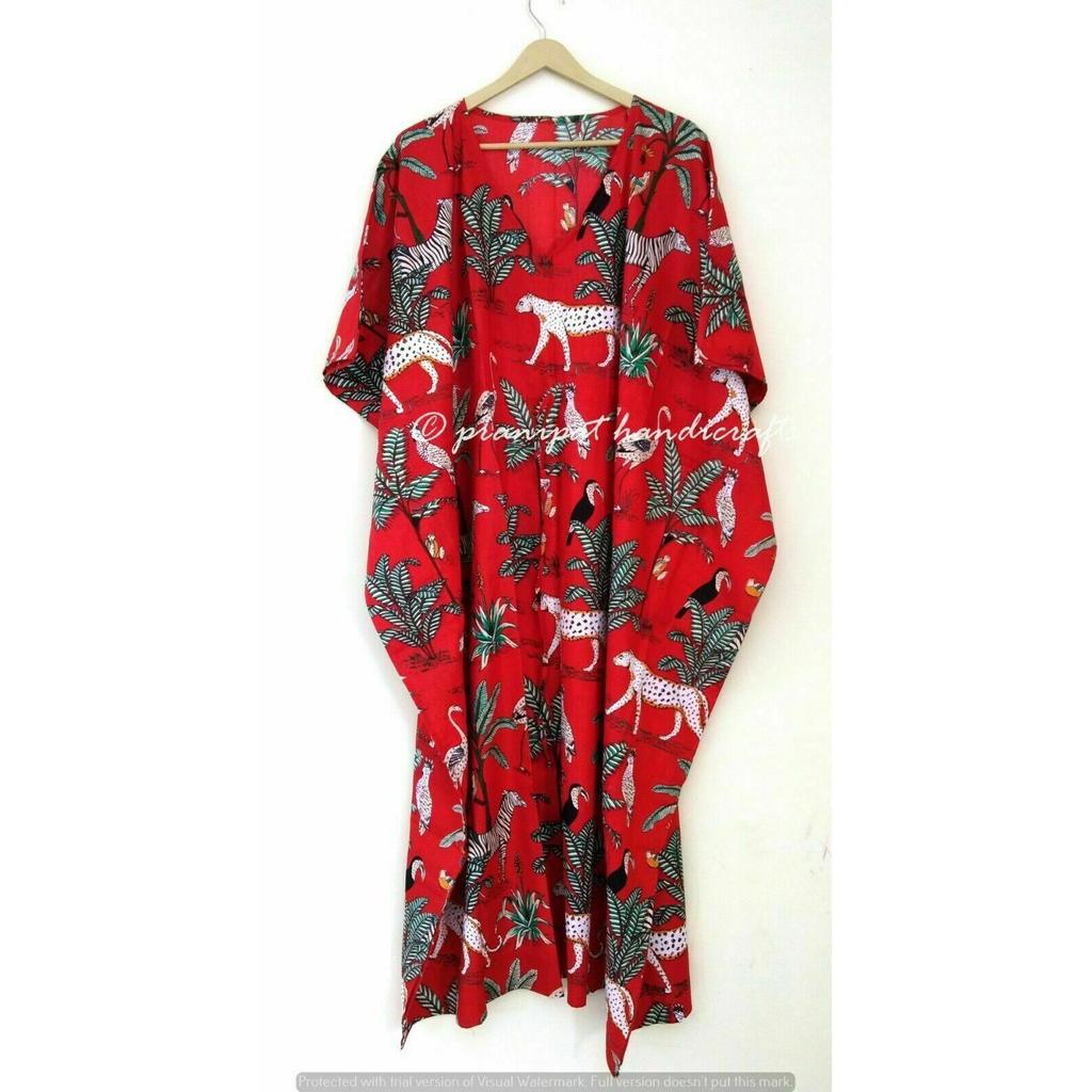 Roșu Indian Lung Imprimeu Animal Bumbac Hippie Maxi Femei Veșmânt de Noapte Caftan Rochie CKFTN-SCRN-FULL-BUYIT-031