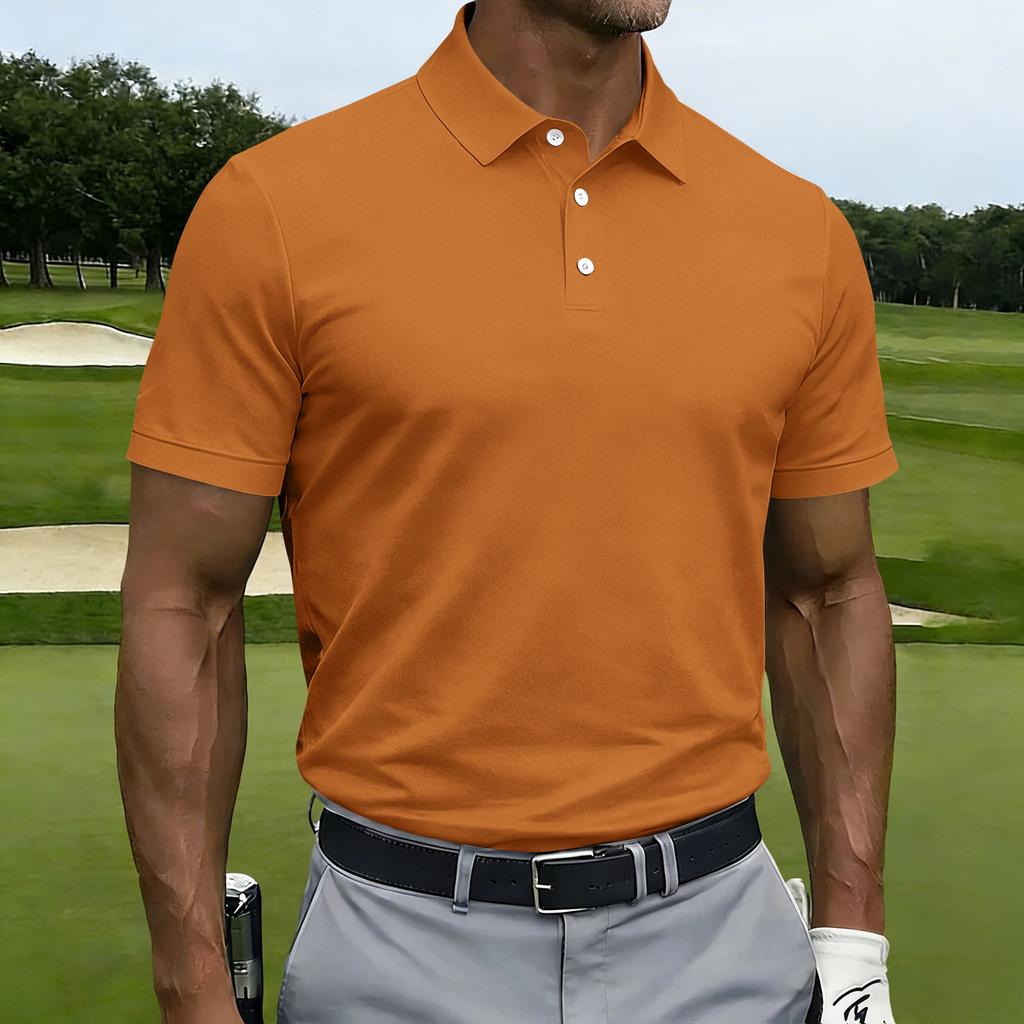 Men Short Sleeve Polo Shirt Classic Fit Button Down Collar Lightweight Breathable Knit Fabric for Business Casual Wear