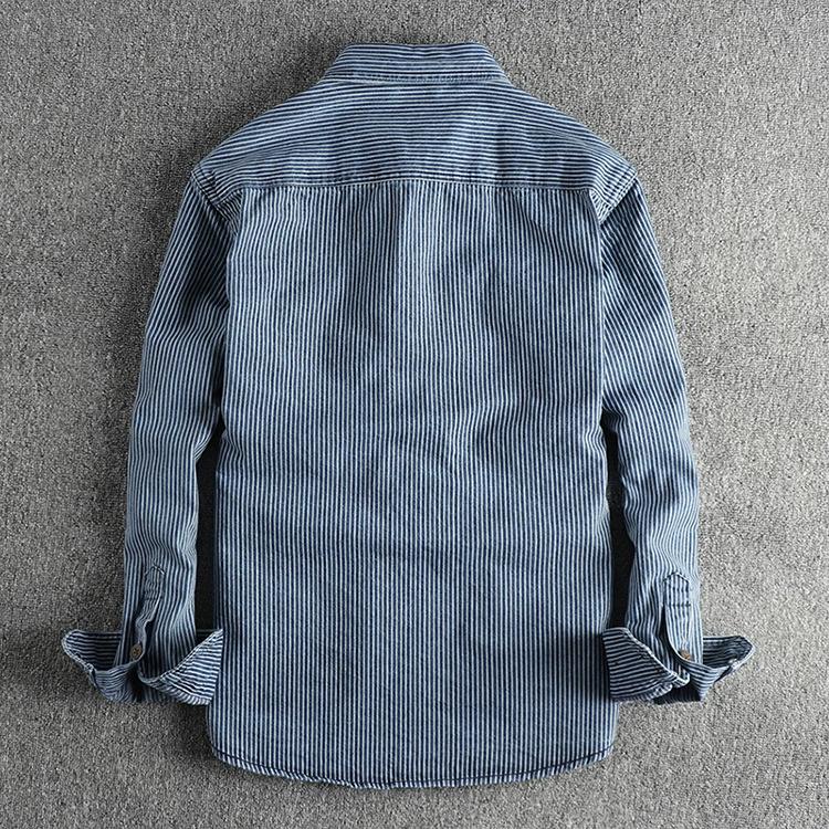 Color Woven Striped Fabric Washed for Vintage Workwear Denim Shirt Men's Trendy Casual Shirt Jacket