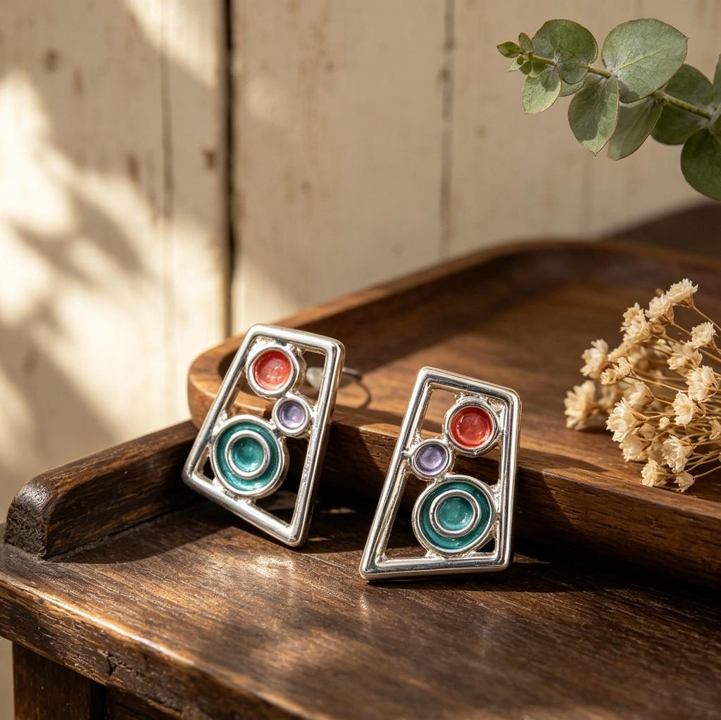 Geometric hollow enamel stud earrings, irregular round splicing shape earrings, light luxury design sense