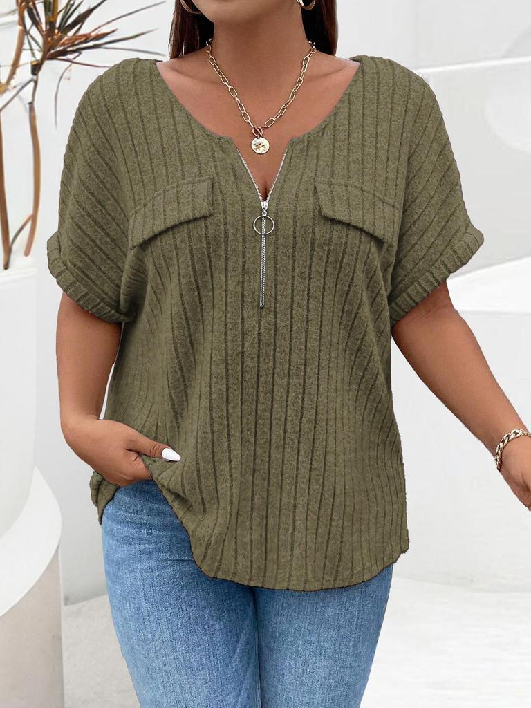 Dámský jednobarevný svetr s krátkým rukávem a zapínáním na zip, s falešnou kapsou, pro velikosti Plus Size, jaro/léto 2025.