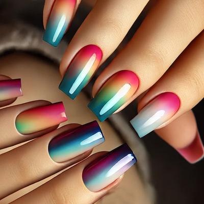 Press-on-Nagel French Tips Nagelsquare Nageltips Falscher Nagel mit Farbverlauf-Designs Vollabdeckung Acrylnagel