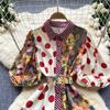 Summer Elegant Midi Patchwork Dress for Women Lapel 3/4 Sleeve Wave Point Breasted Female Design Vestidos New In 2024 Chic