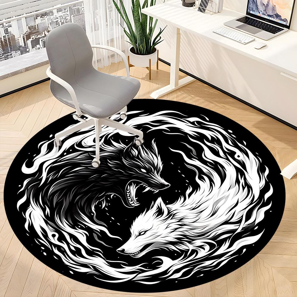 1pc Wolf YinYang Office Round Area Rug, Under Office Chairs Bedroom Living Room Home Decor, Room Deco, Available in Various Sizes