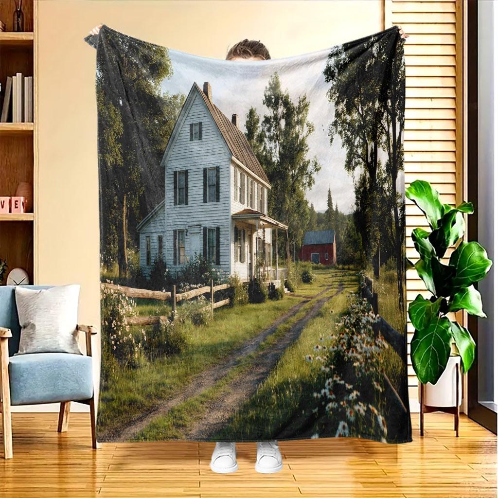 1pc Rural Serene Life Flannel Blanket, HD Digital Print, All-Season Use, Cooling Blanket, Skin-Friendly and Soft 100% Polyester Fiber, the Perfect Gif