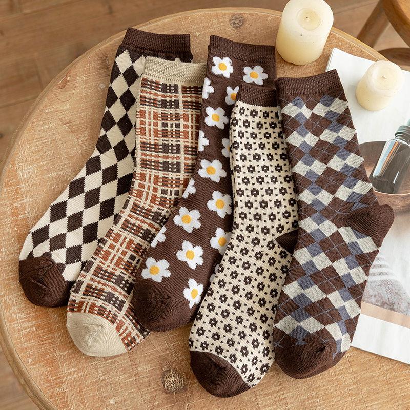 5 Pairs Women Winter Socks Fashion Thickened Warm Socks Retro Grid Middle Tube Girls Socks