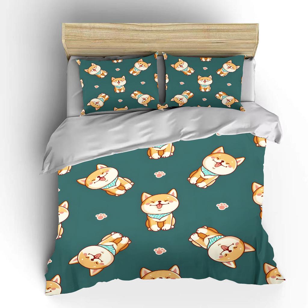 Multiple Sizes Cartoon Smiling Dog Pattern Bedding Set 1 Duvet Cover 2 Pillowcases for Adult and Children Luxury Gift Full Size