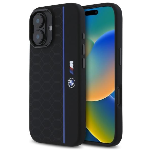 BMW Bmhmp16S23Sheb iPhone 16 6.1        Czarny/Black Hardcase Silikonowy Sześciokąt Niebieska Linia Magsafe