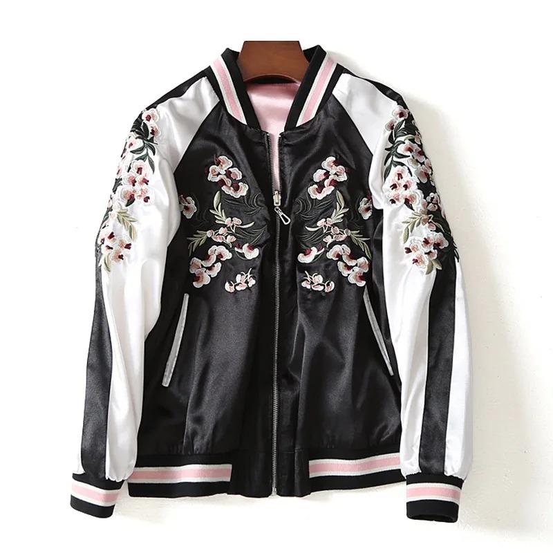 Giacca Bomber da Donna in Raso Sukajan Ricamata Baseball Cappotto Floreale Harajuku Autunno Seta Giapponese Ragazze
