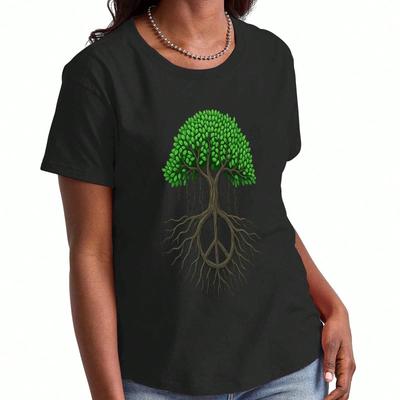 Peace Tree Wounisex's Cotton T Shirt, Pure Cotton Premium Print, Durable, Leisure And Fashion.Peace Symbol Tree Root Graphic Tee, Grow In Peace, Styli