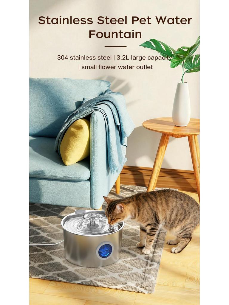 Stainless Steel 3.2L Automatic Pet Water Fountain with Filter for Cats and Dogs