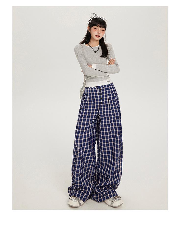 Women's High Waist Plaid Wide-Leg Casual Pants - Autumn Button-Down Style