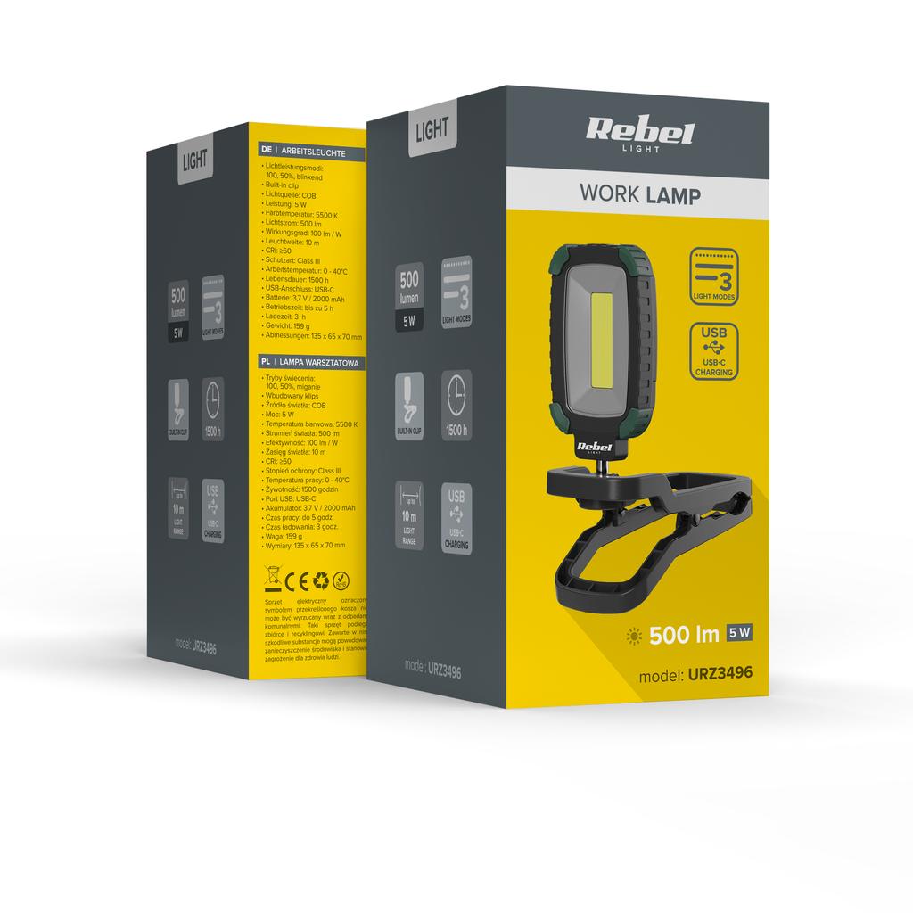 Lampa warsztatowa LED Rebel klips 500lm akumulatorowa USB-C COB