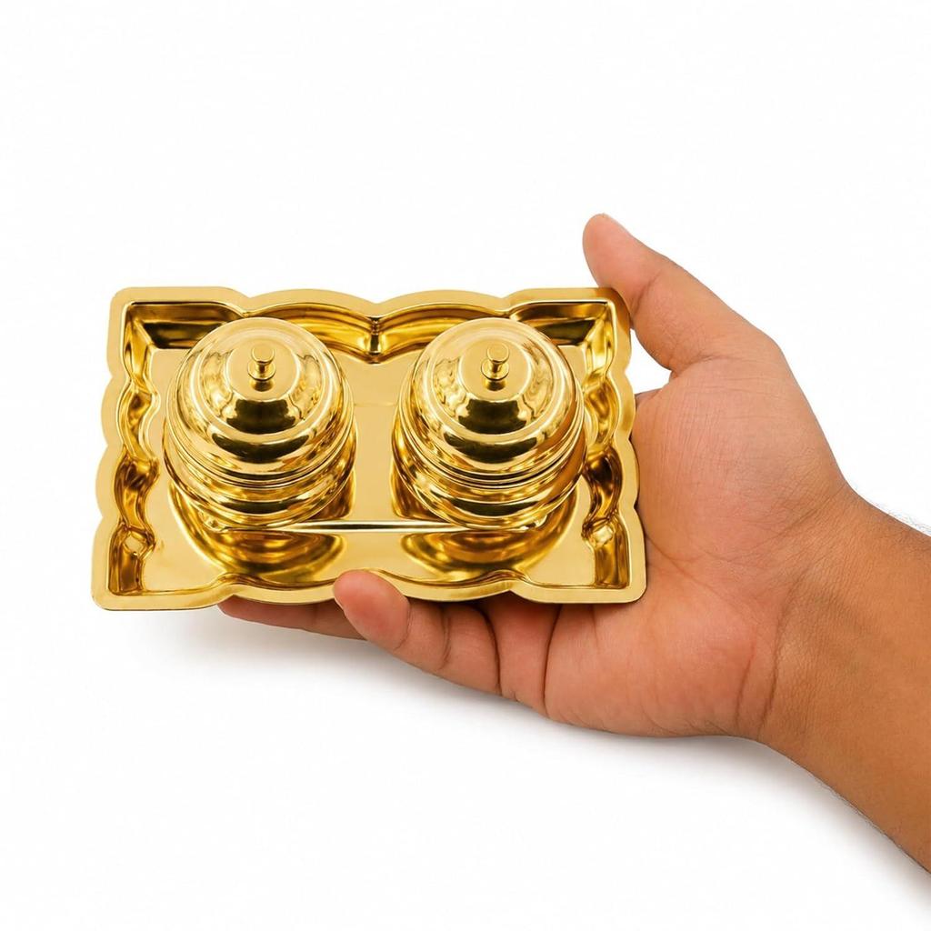 Spillbox Brass Leaf-Shape Puja Thali with 2 Attached Bowls|Sindhoor|Traditional Kumkum, Chandan, and Vibhuti Holder for Home Mandir