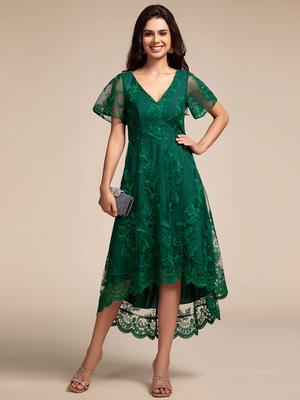 Ever-Pretty Women's Exquisite Embroidery V-Neck See-through Sleeve Wedding Guest Dresses with Asymmetrical Hem