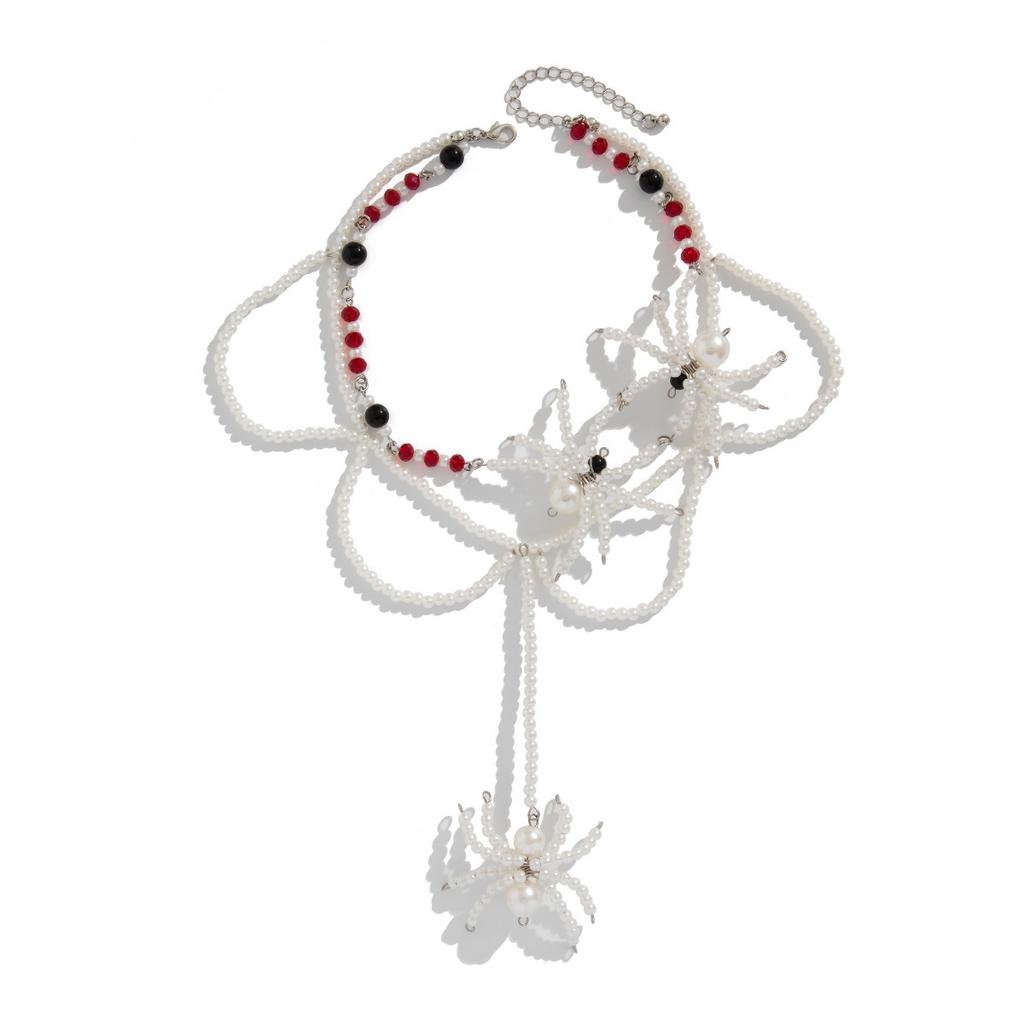 Gothic Dark Wind Crystal Spider Necklace Halloween Punk Exaggerated Imitation Pearl Beaded Collarbone Chain