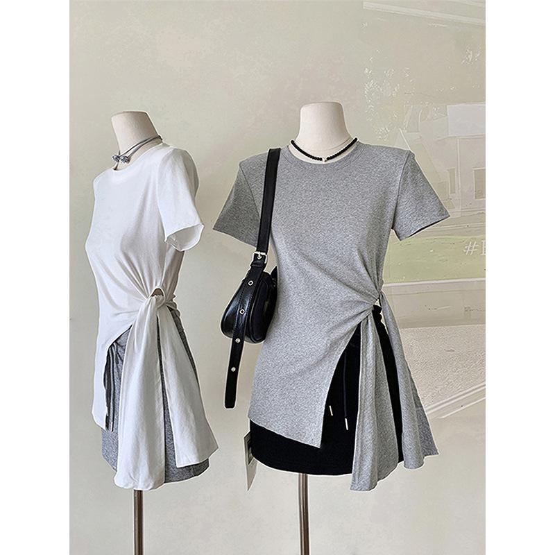 Irregular split design pure cotton short-sleeved t-shirt women's spring and summer waist pinching pure desire wind Spice Girl bottoming shirt top