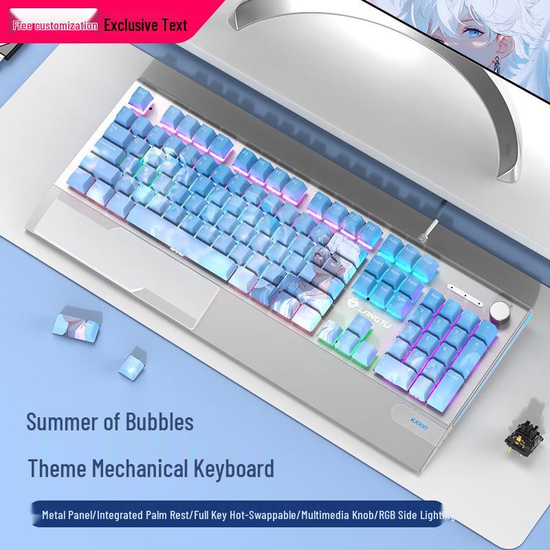 Langtu K1000 Mechanical Gaming Keyboard with Blue Switches - Custom PBT Theme for Girls & Office Use