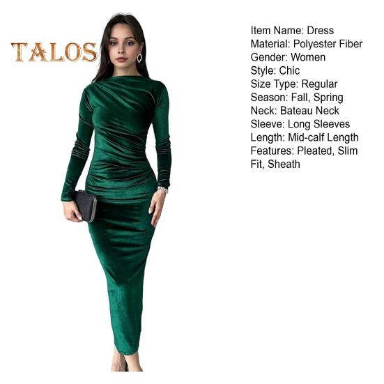 Lady Evening Dress Slim Fit Pleated Bateau Neck Long Sleeve Pure Color Midi Dress Sheath Calf Length Prom Cocktail Party Dress