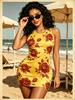 Retro Rose Floral Sleeveless Bodycon Mini Dress, Round Neck Slim Fit Casual Vacation Cover-Up