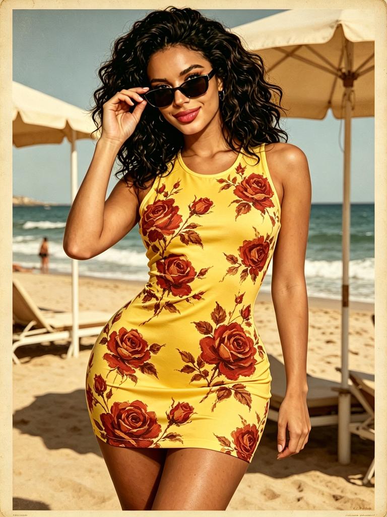 Retro Rose Floral Sleeveless Bodycon Mini Dress, Round Neck Slim Fit Casual Vacation Cover-Up