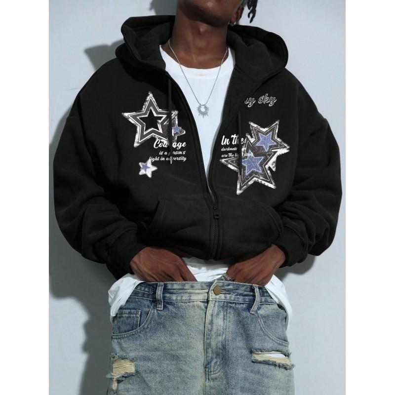 Unisex Streetwear Oversized Hooded Rits-Up Sweatshirt Met Sterrenprint Losse Pasvorm Casual Lange Mouwen Pullover