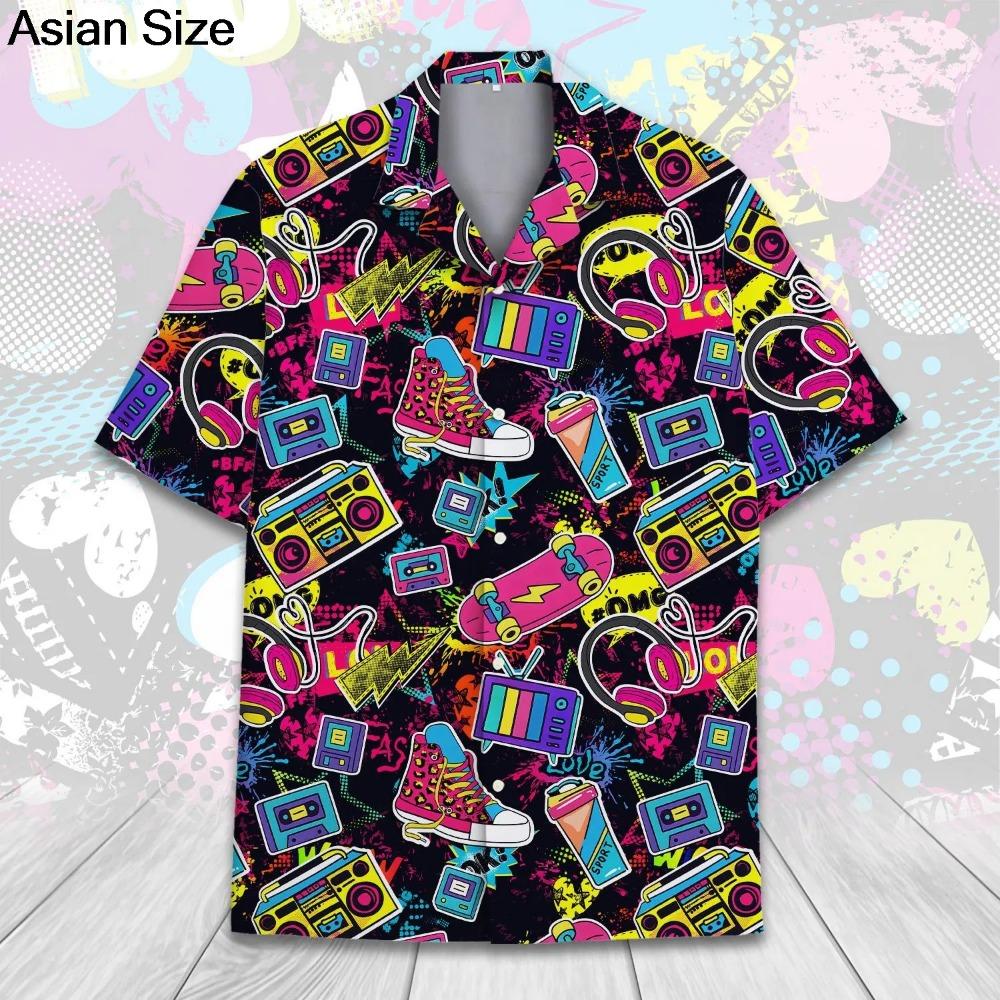 

Retro 80s Pop Art Hawaiian Shirt 2025 Neon Cassette Skateboard Headphone Shirt, Vintage 90s Party Button-Up Summer Unisex Shirts S