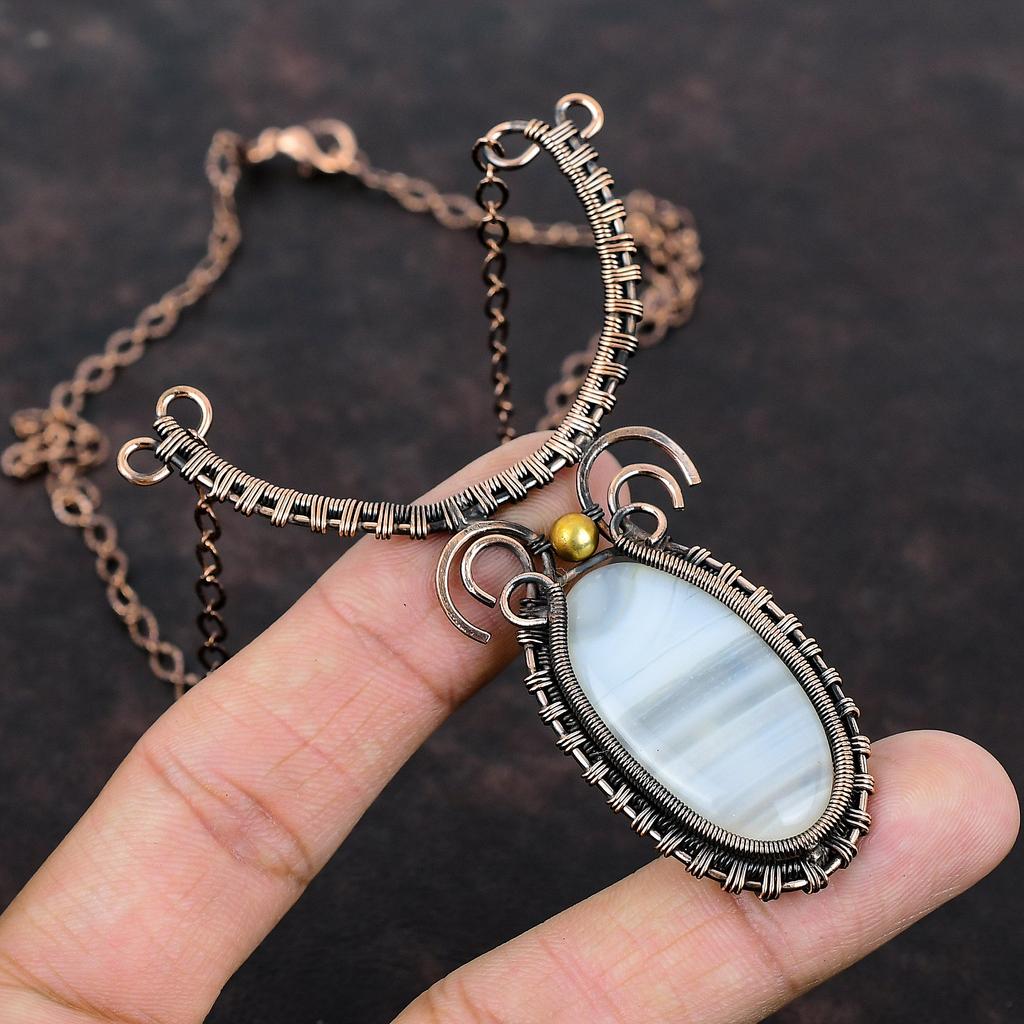 Botswana Agate Necklace Copper Wire Wrapped Necklace Handmade Jewelry Designer Necklace Adjustable Gemstone Necklace Copper Jewelry For Gift