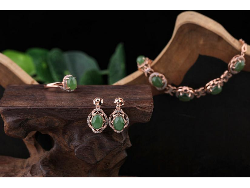 Bridal 4-Piece Set: Rose Gold Plated 925 Silver Earrings, Ring, Necklace with Jasper and Hetian Jade