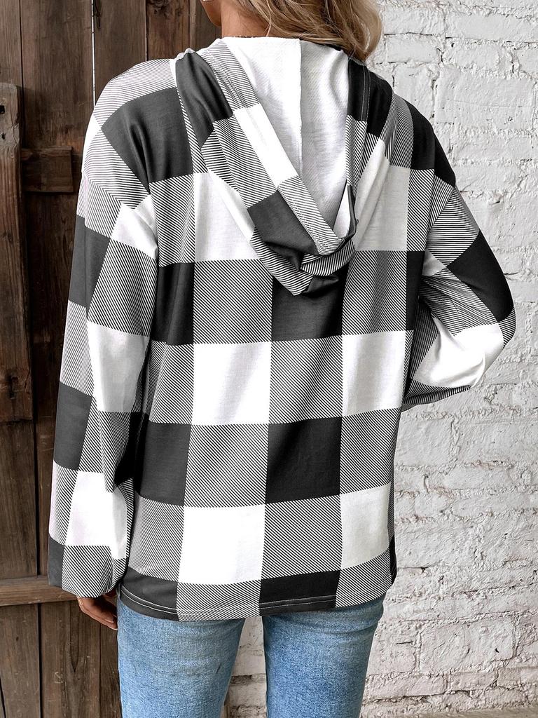 Neutral Plaid Print Hooded Long Sleeve Sweatshirt: Loose and Casual Autumn/Winter Women's Fashion