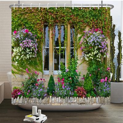 Flowers Scenery Waterproof Shower Curtains Rural Street Flowers Bathroom Curtains Polyester Fabric Washable Decor Bath Curtains