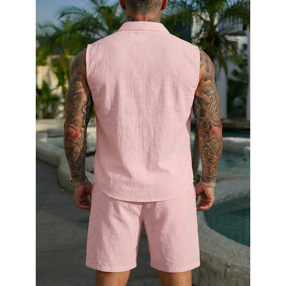 Men’s Summer Sleeveless Collared Shirt Set – Plain-Coloured Linen Casual Beach Outfit