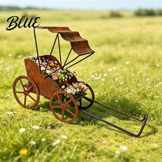 Rustproof Garden Sculptures Rustic Rickshaw Ornament Decorative Metal Yard Sculpture Weatherproof Unique Decorations Retro Outdoor Decoration