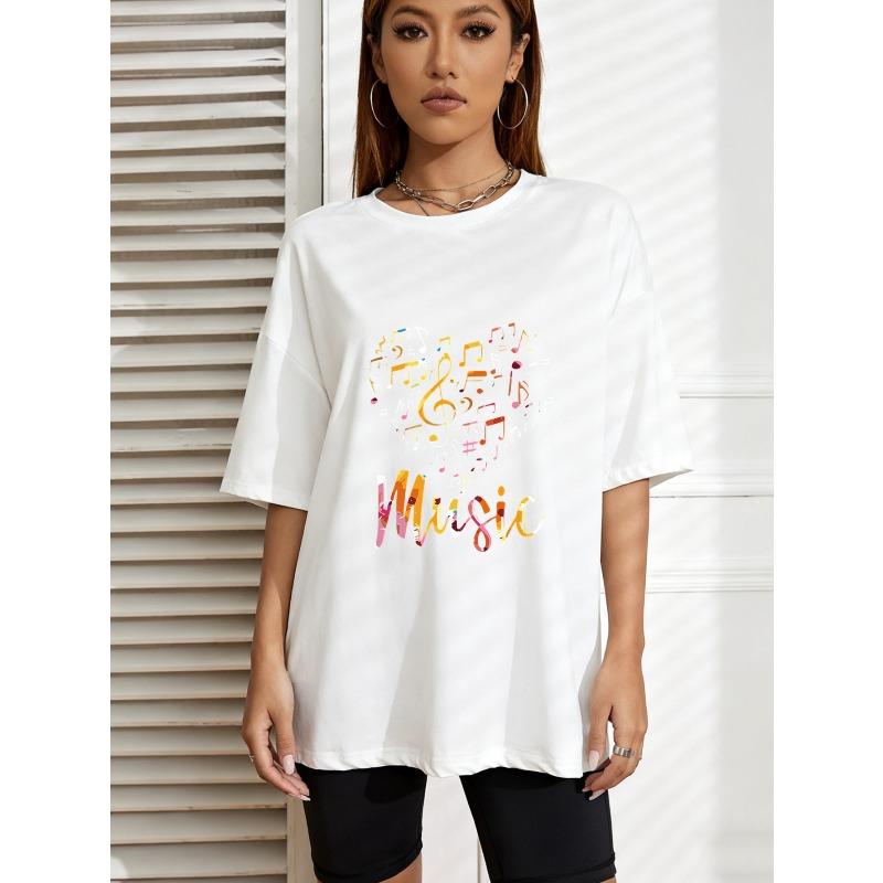 White Oversized T Shirt With Music Notes And Colorful Music Text For Casual Wear