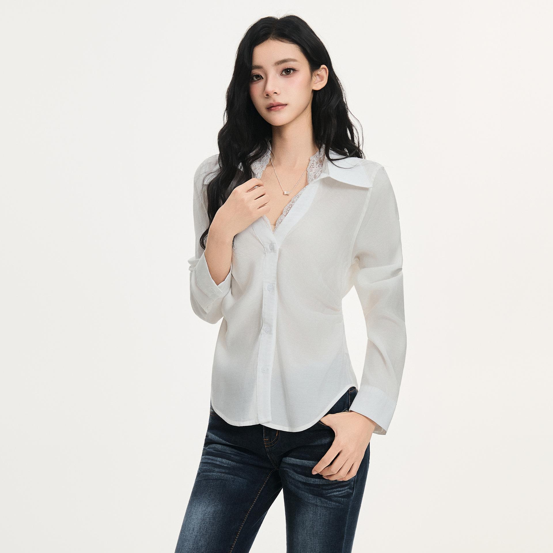 Chic Lace Patchwork V-neck Long Sleeve Autumn Cropped Cardigan for Women M белый