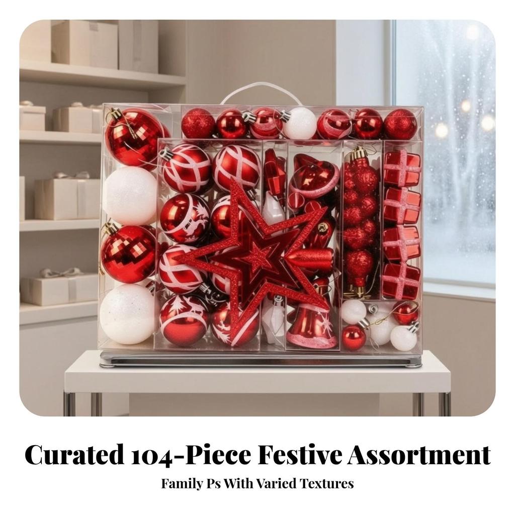 104 Pieces Christmas Tree Ornaments Glittery Baubles Premium