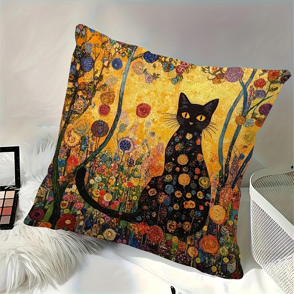 Gustav Klimt Style Black Cat Pillow Cover Floral Art Print Boho Vintage Cushion Case For Sofa Bed Couch Artistic Home Decor