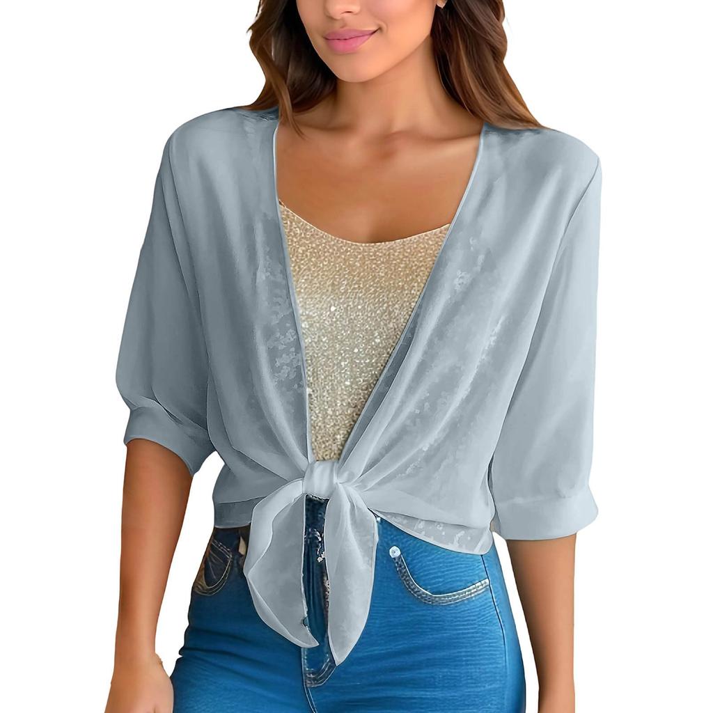 Damen 3/4 Ärmel Weiches Strandhemd Chiffon Transparentes Oberteil Vorne zum Binden Leichte Bluse Lässiger Lockerer Schnitt Sommer Cover Up