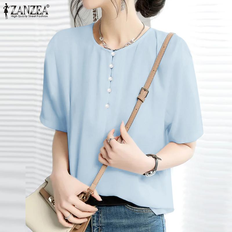 

ZANZEA женская летняя прямая однотонная свободная блузка с круглым вырезом и короткими рукавами