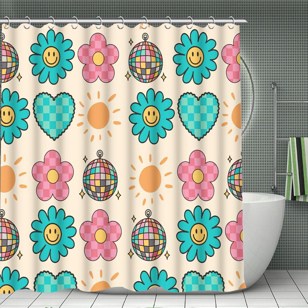Smiling face 4pcs Cartoon Characters Shower Curtain Collection - 12 Hook Shower Curtain with Non-Slip Rug Toilet Mat and