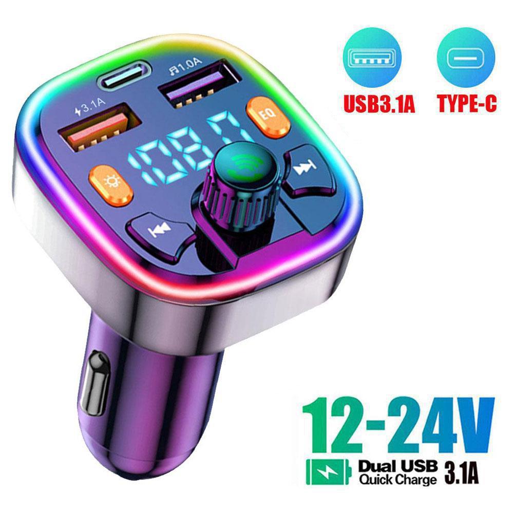 

Car 5.0 FM Transmitter PD Type-C Dual USB 3.1A Colorful Ambient Light Handsfree MP3 Modulator Player