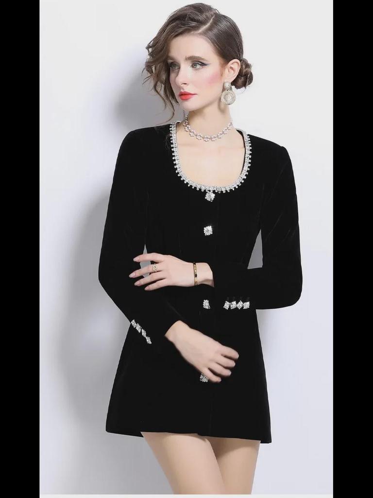 Elegant Velvet Dress with Red Rhinestone Accents