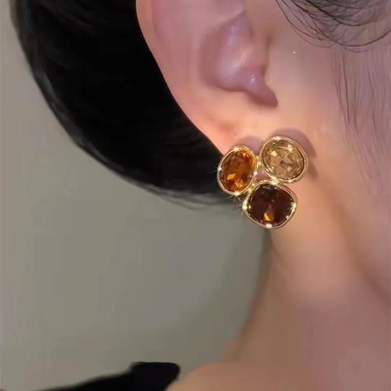 French High-end Brown Crystal Earrings For Women Fashion Luxurious Personalized Daily Accessories Prom Jewelry Anniversary Gifts